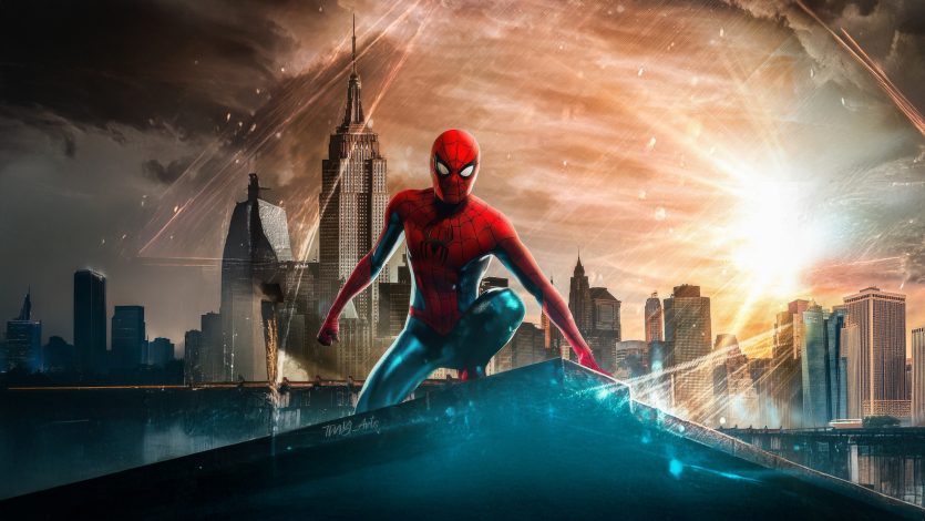 Человек-Паук: Новый день — постер фильма Marvel Человек-Паук стоит на фоне города в фильме Человек-Паук: Абсолютно новый день